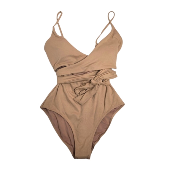 NEW Aerie LONG beige tan textured shine pique wrap‎ one piece swimsuit M - Picture 3 of 8